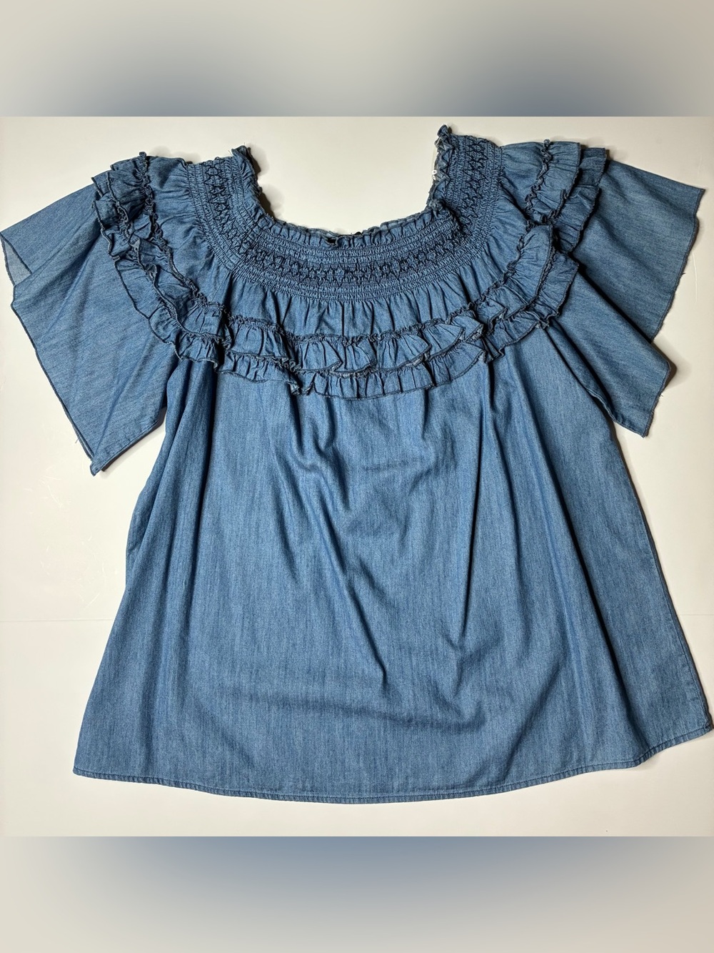Ashley Stewart Denim-Style Smocked Ruffle Peasant Top — Blue